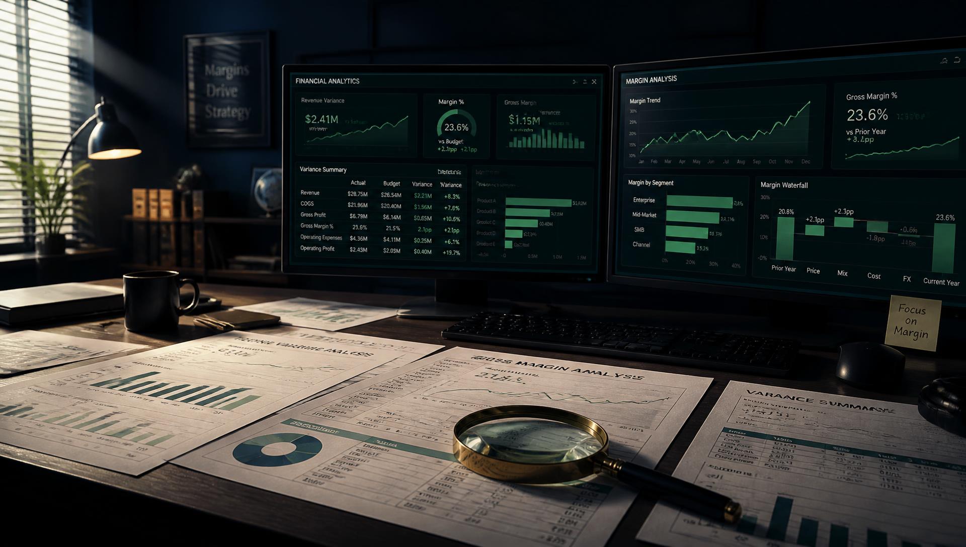 Dark analyst workspace with variance reports and dual monitors showing emerald analytics