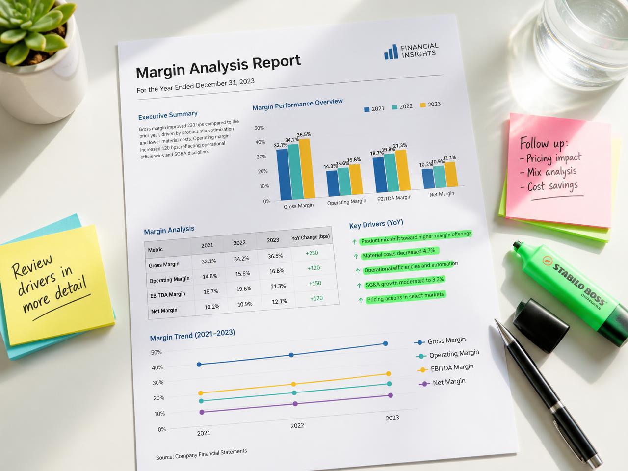 Printed margin analysis report with colourful charts, highlighter and sticky notes on a bright desk