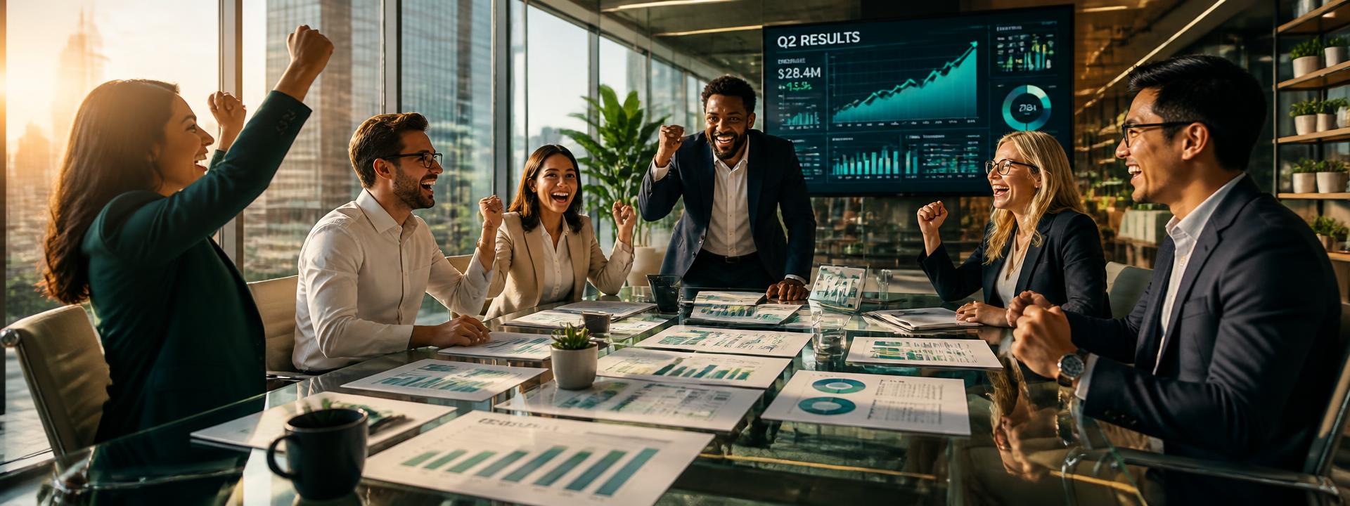 Finance team celebrating completed quarterly results around a glass conference table