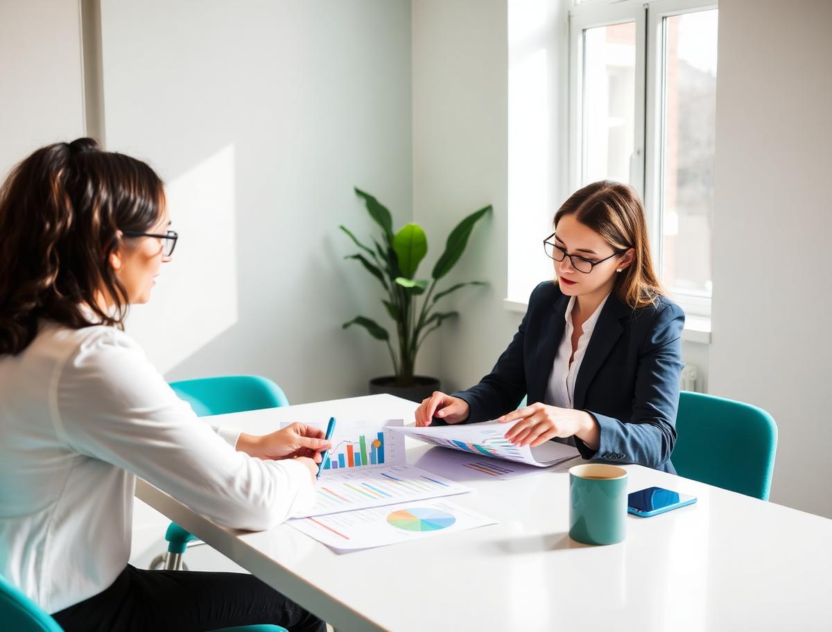 Two analysts reviewing printed performance charts together at a bright table