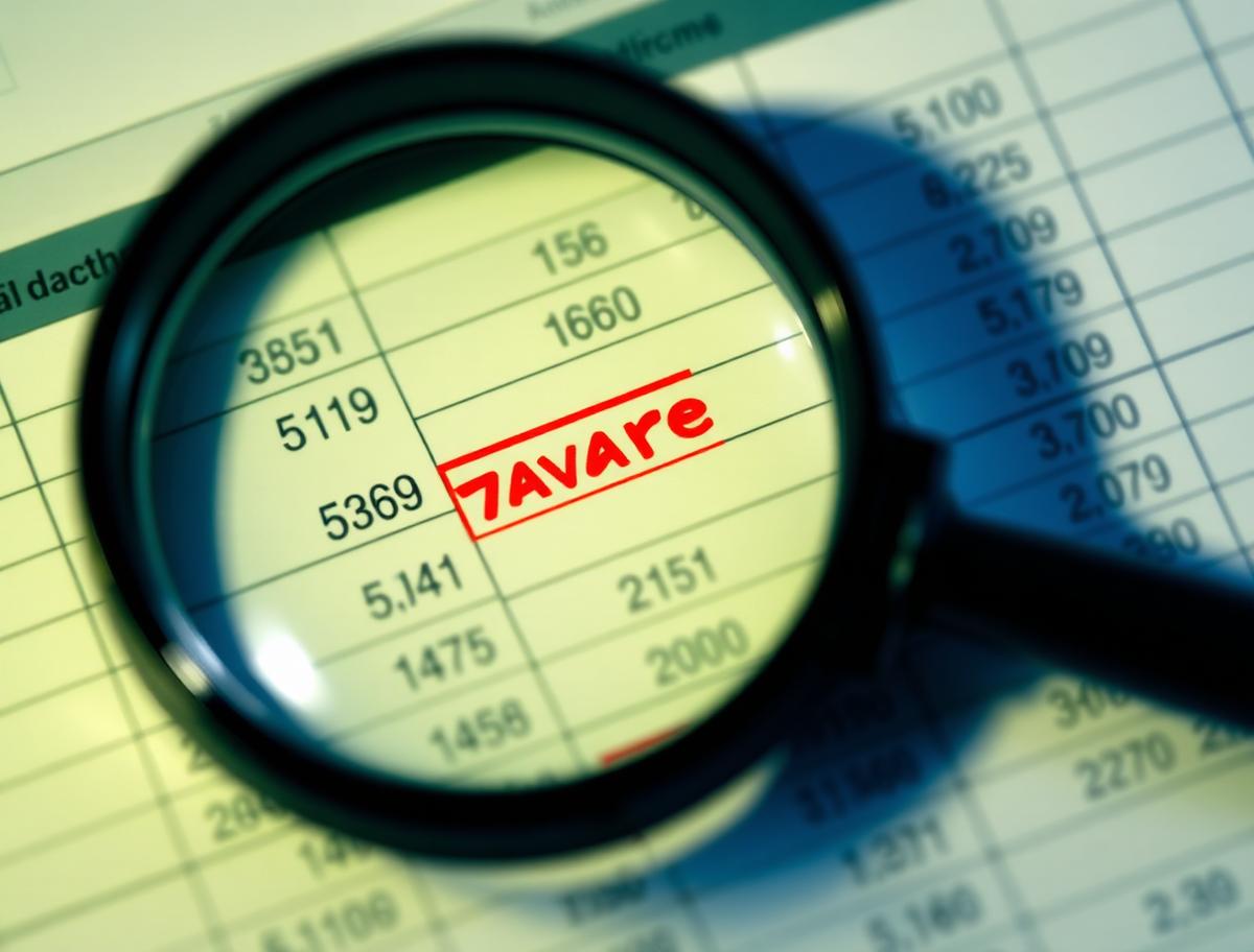 Magnifying glass over a spreadsheet with a variance figure circled in red