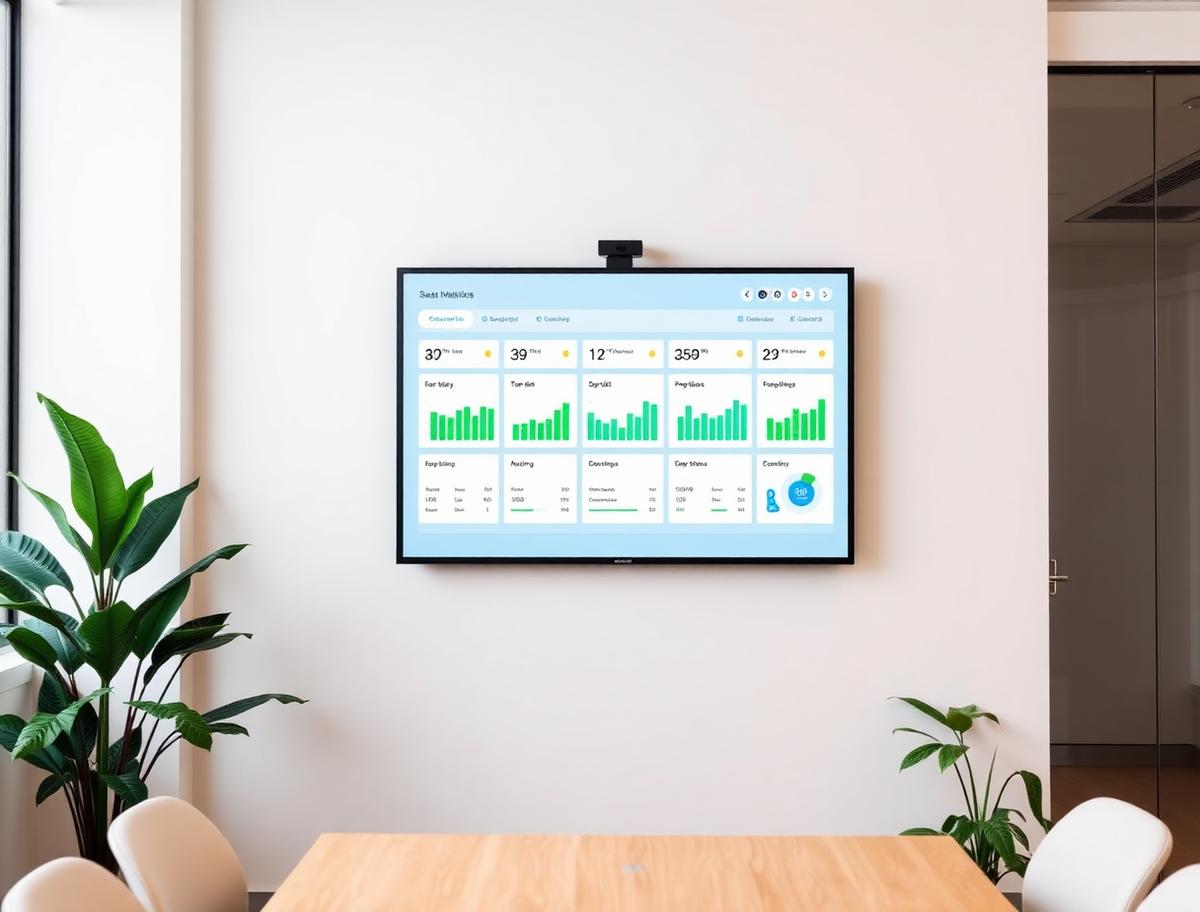 Wall screen showing a colourful KPI dashboard in a bright meeting room