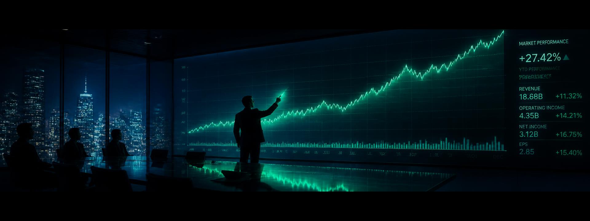 Analyst silhouetted against a huge glowing green performance chart on a glass wall