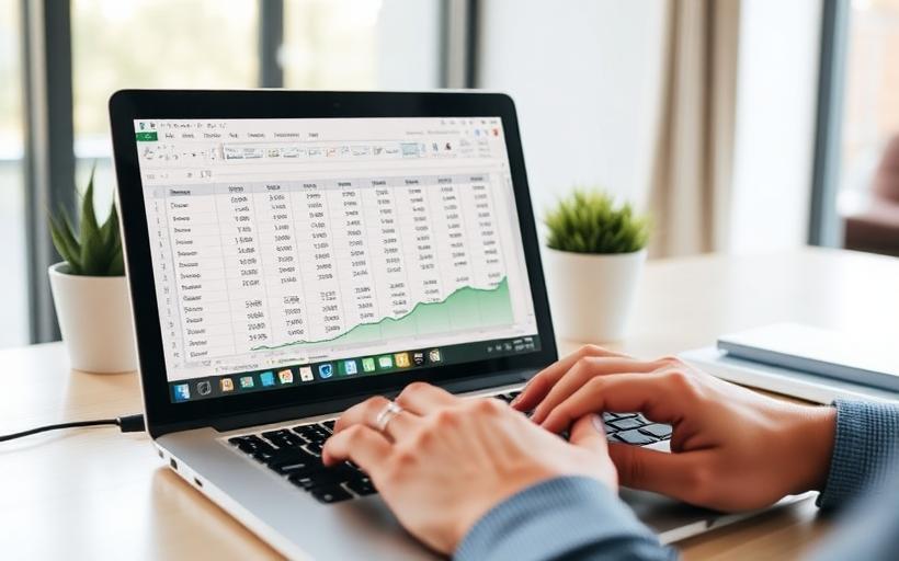 Hands typing on a laptop showing a 13-week cash flow forecast spreadsheet