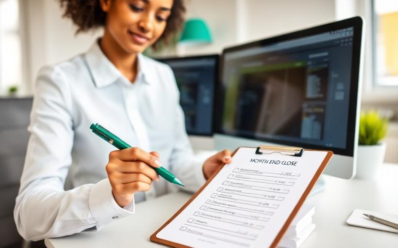 Accountant ticking off a month-end close checklist beside dual monitors