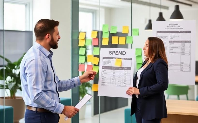 Two managers reviewing a spend breakdown and sticky notes on a glass wall