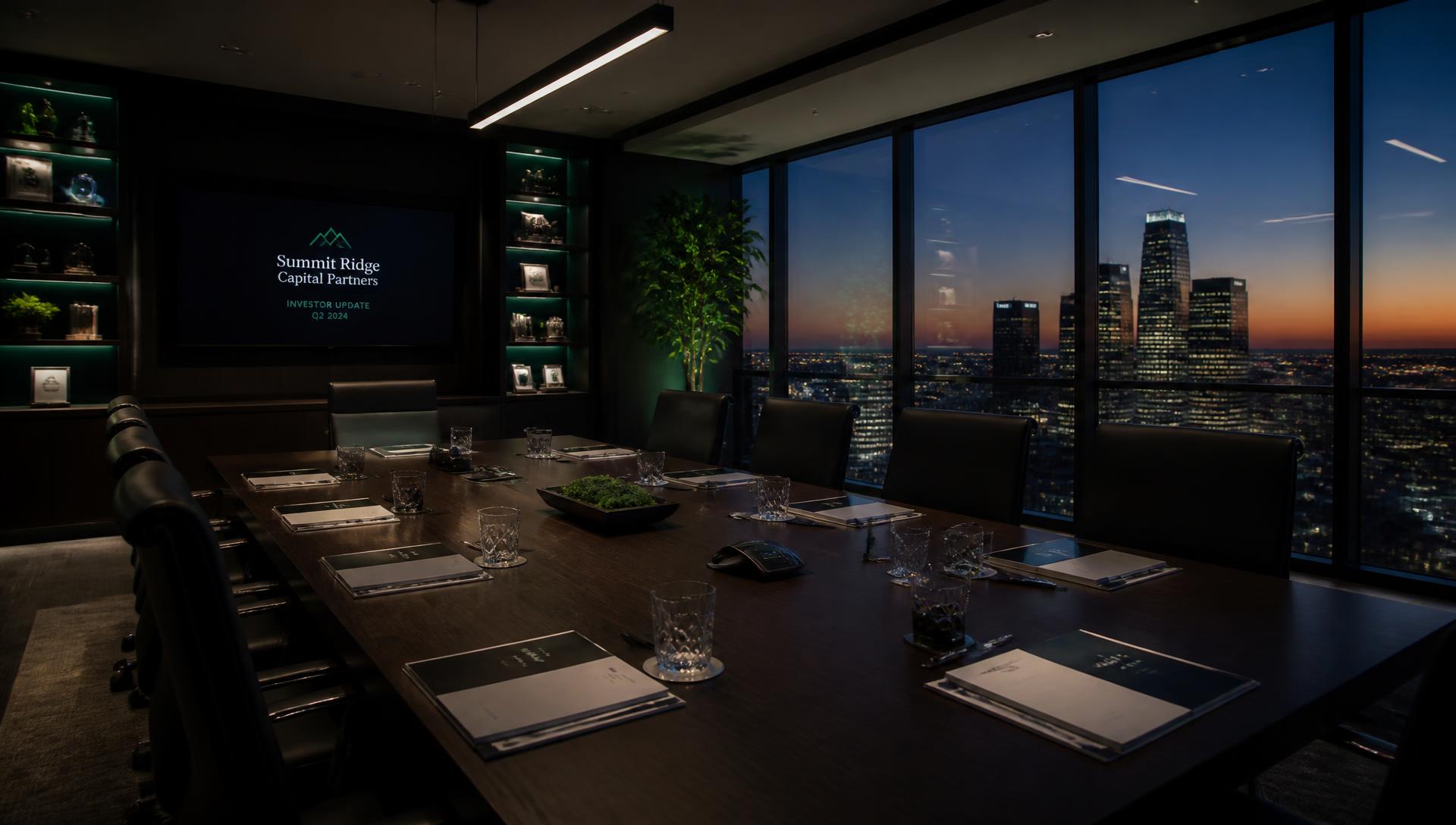 Dark navy boardroom set for an investor meeting with printed board packs and a city skyline