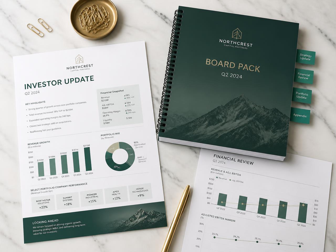 Printed investor update and bound board pack with charts and emerald tabs on a marble desk
