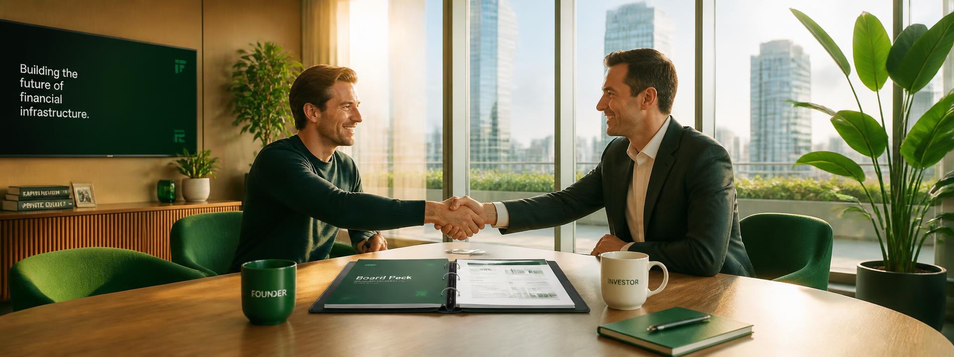 Founder and investor shaking hands over an open board pack in a sunlit meeting room