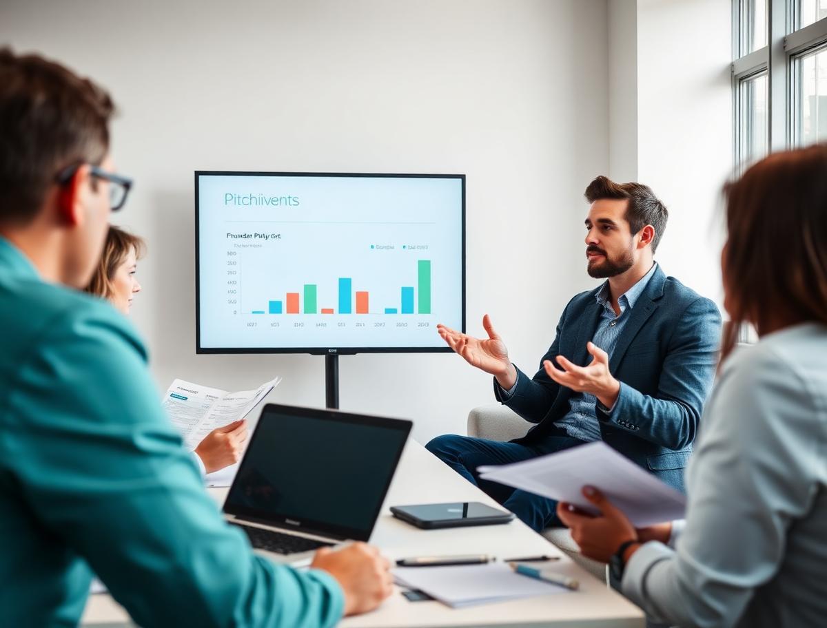 Founder presenting a financial slide to investors in a bright modern room