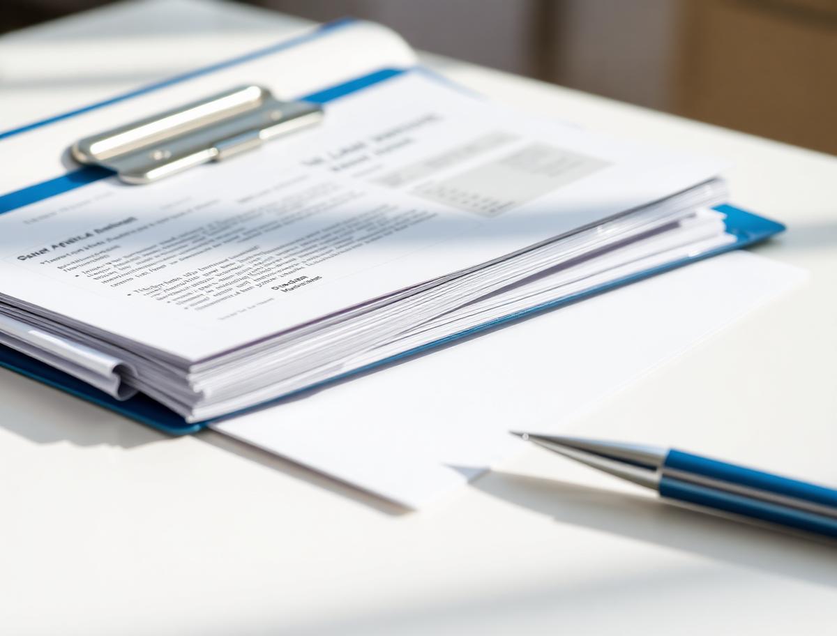Professionally bound loan application package with tabbed sections on a bright desk