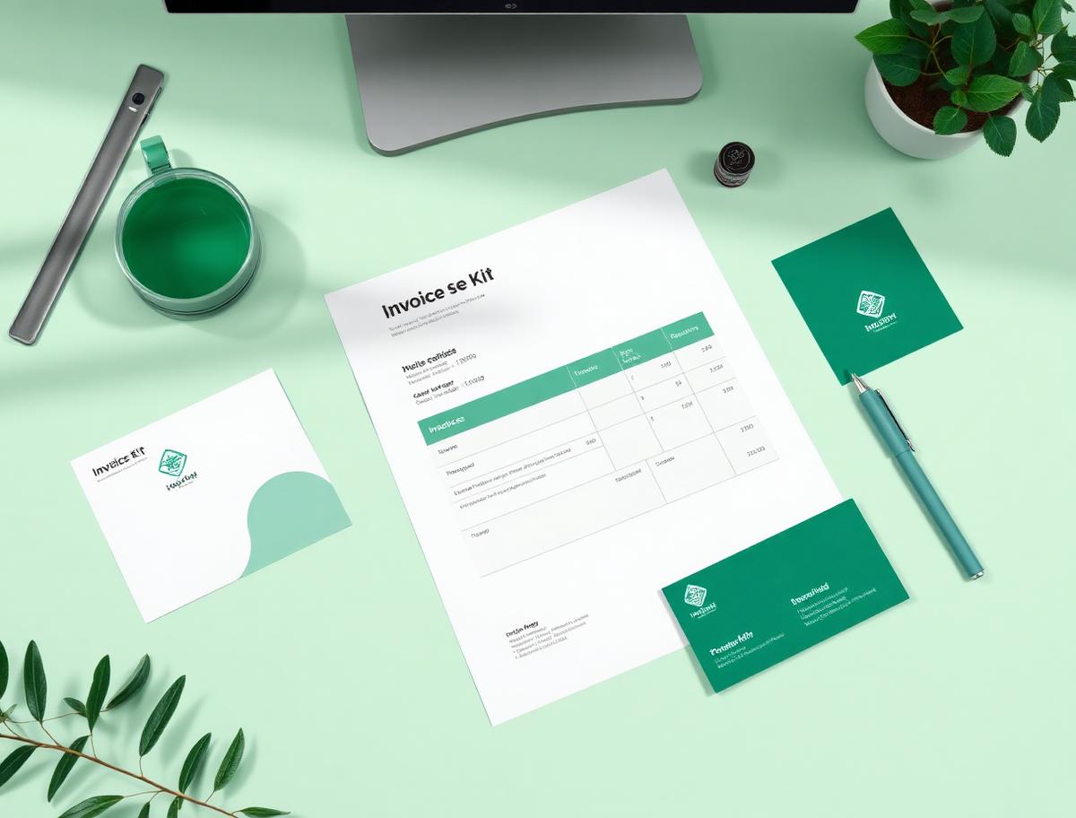 Branded invoice template kit and stationery laid out on a bright desk