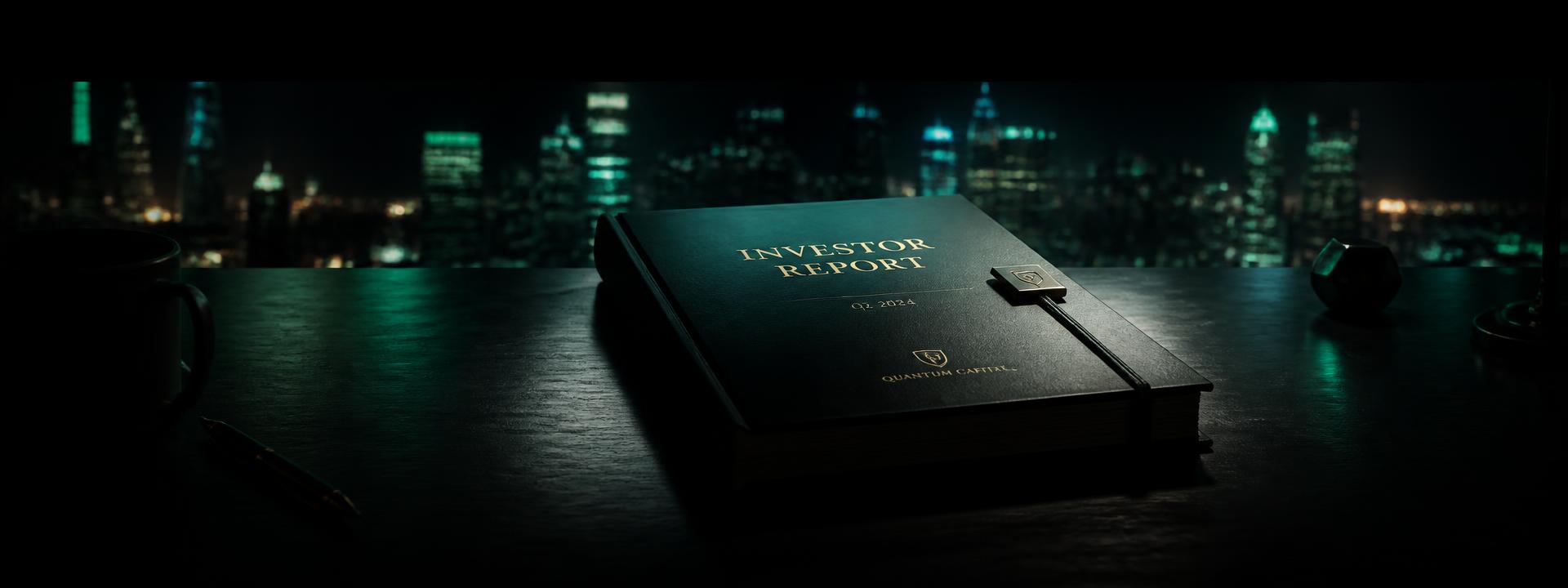 Spotlit bound investor report on a dark table with city lights behind it