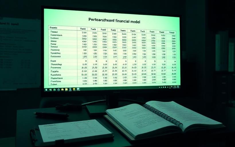 Monitor displaying a detailed three-statement financial model spreadsheet at night