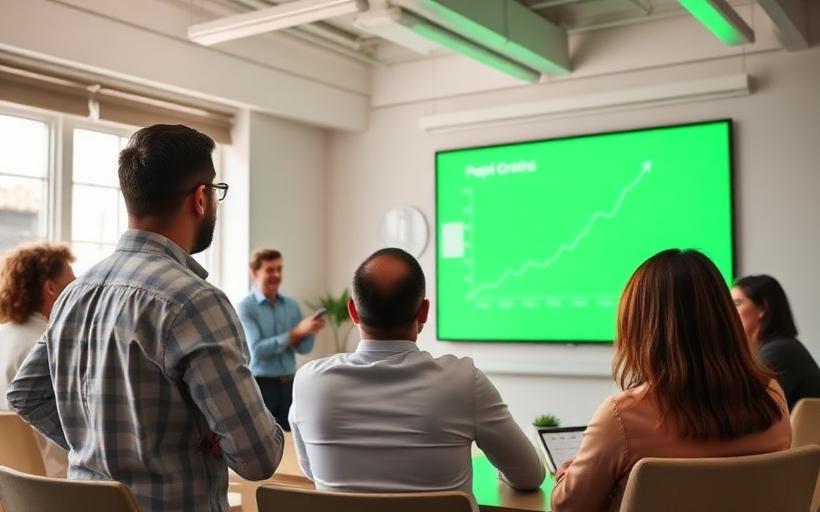 Founder presenting a growth chart to investors in a bright meeting room
