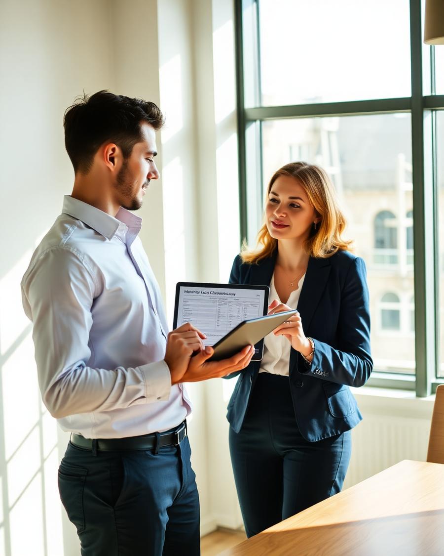 Accountant showing a month-end close checklist on a tablet to a colleague