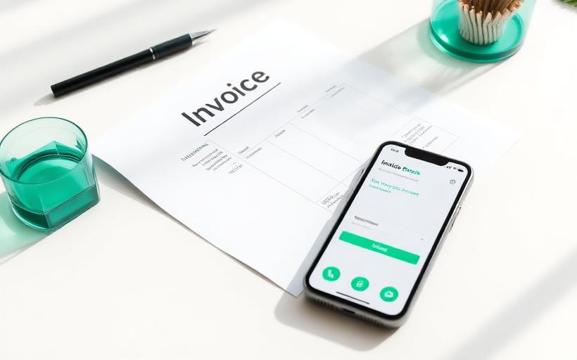 Professional invoice document on a bright desk beside a phone showing a payment confirmation