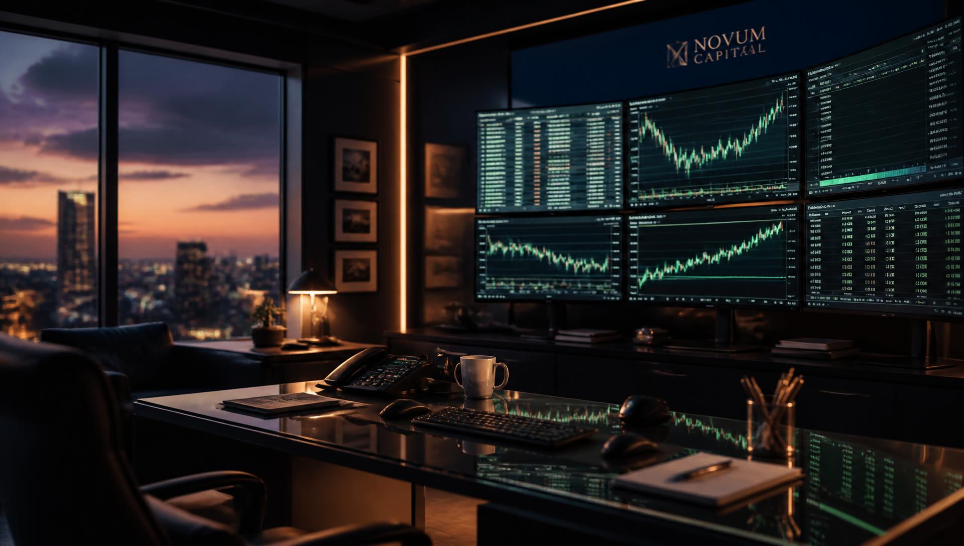 Dark navy finance office with monitors showing emerald green forecast charts at night