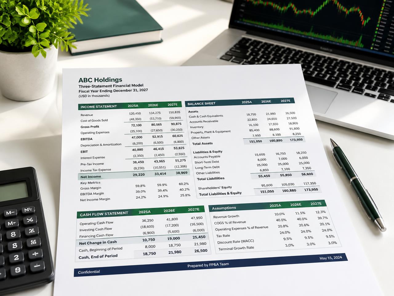 Printed three-statement financial model pages with charts and a calculator on a bright desk