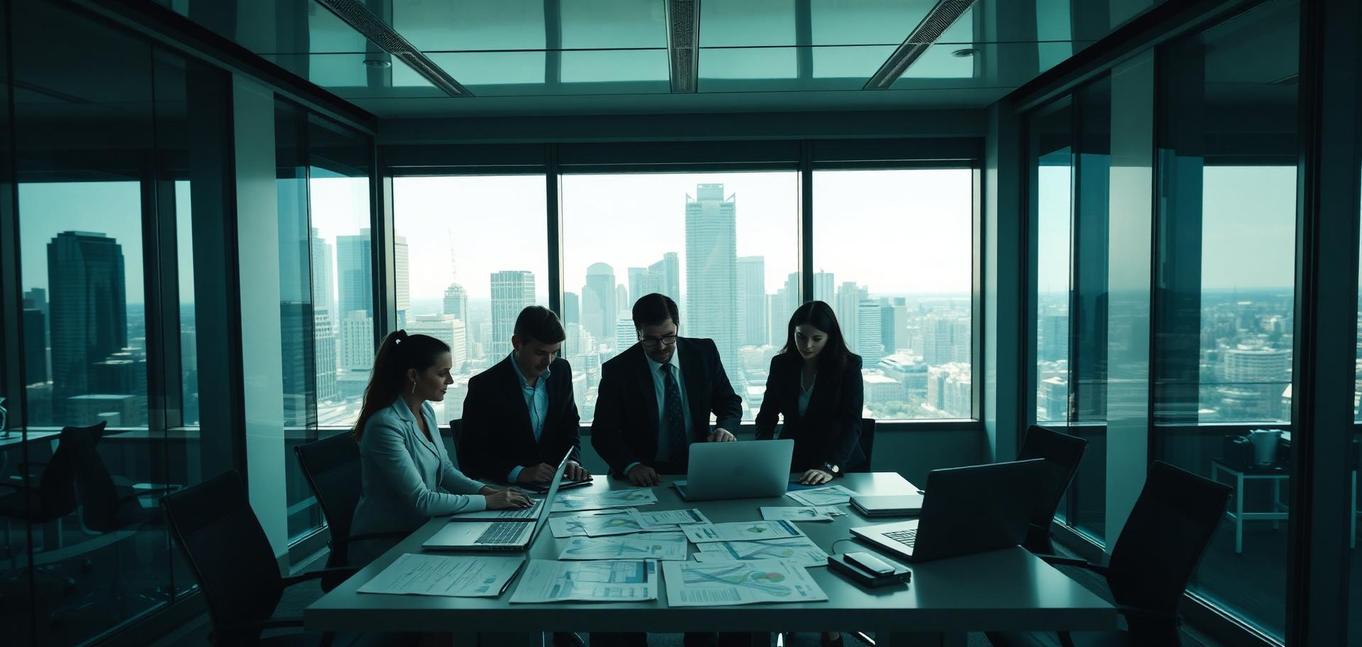 Cinematic wide view of glowing green financial forecast charts in a dark room