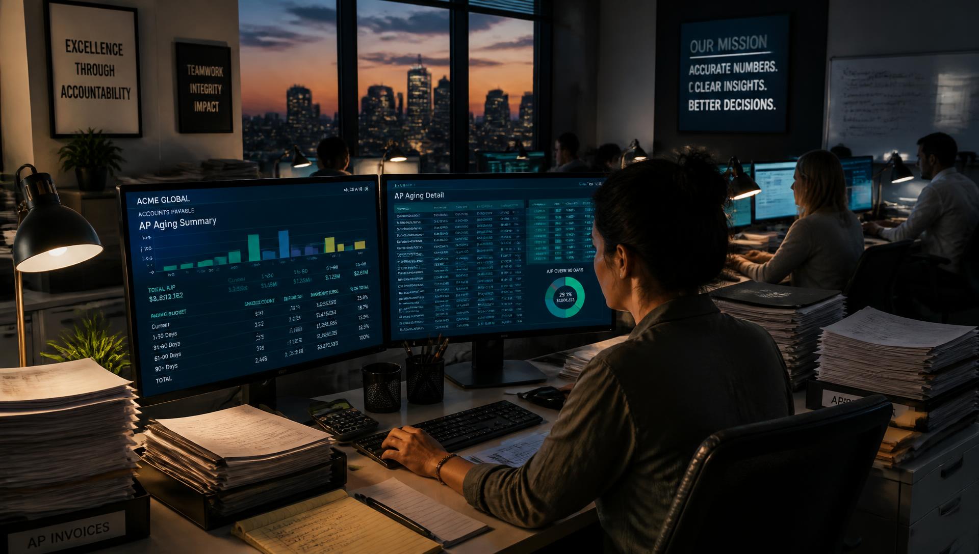 Busy accounting operations room at dusk with invoice stacks and AP aging reports on screen