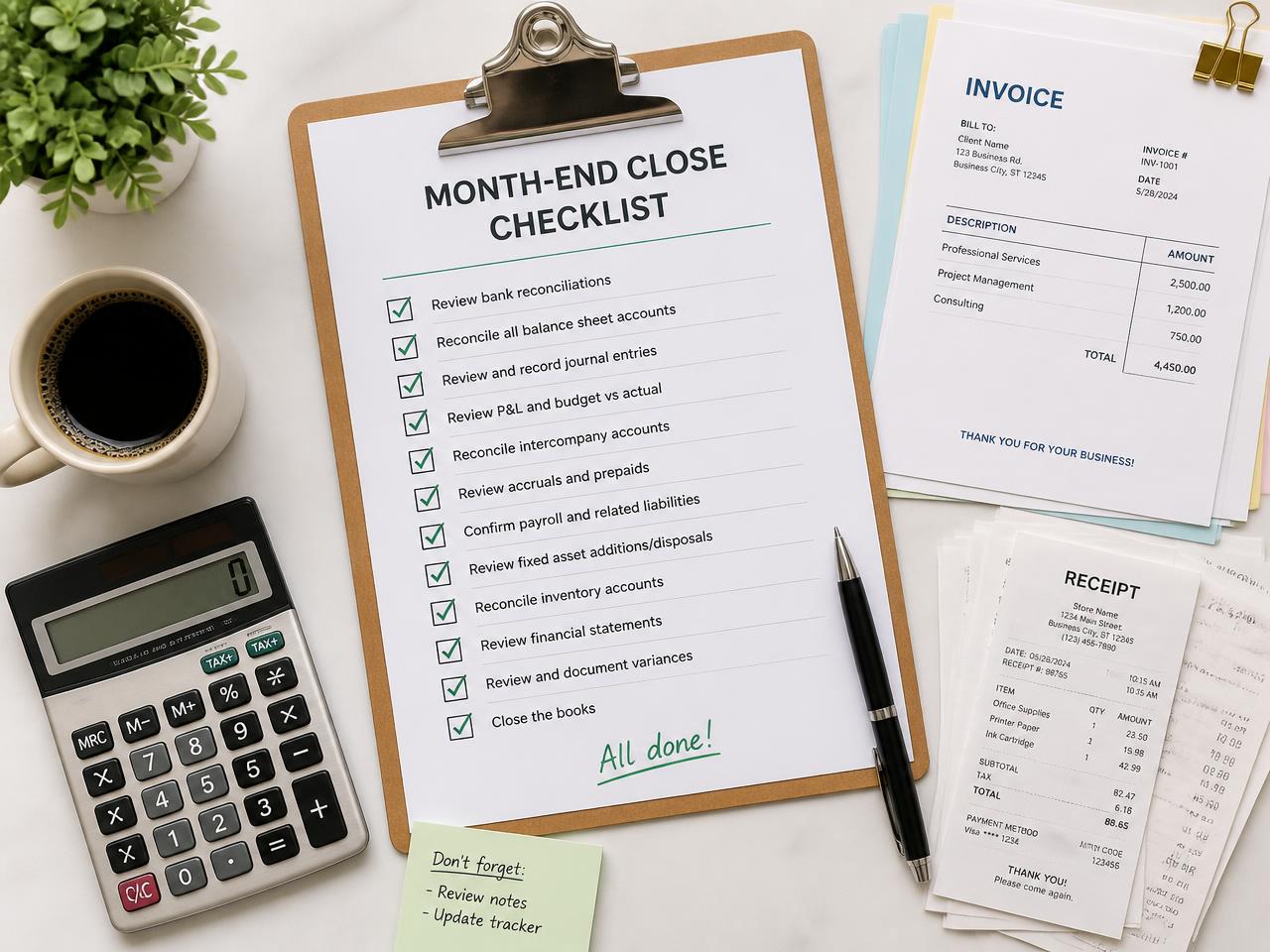 Month-end close checklist on a clipboard with ticked items, calculator, invoices and receipts