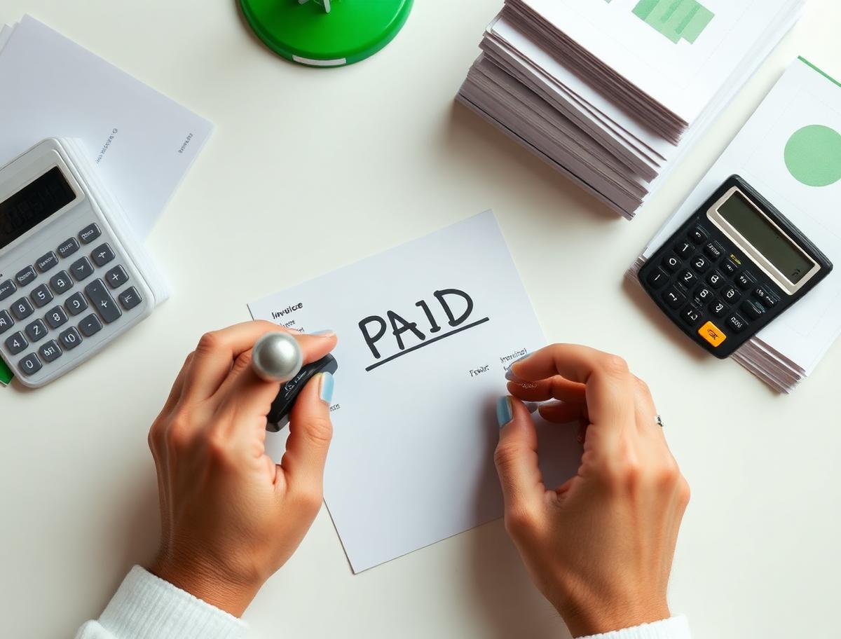 Hands stamping PAID on an invoice beside a calculator and stacks of paperwork