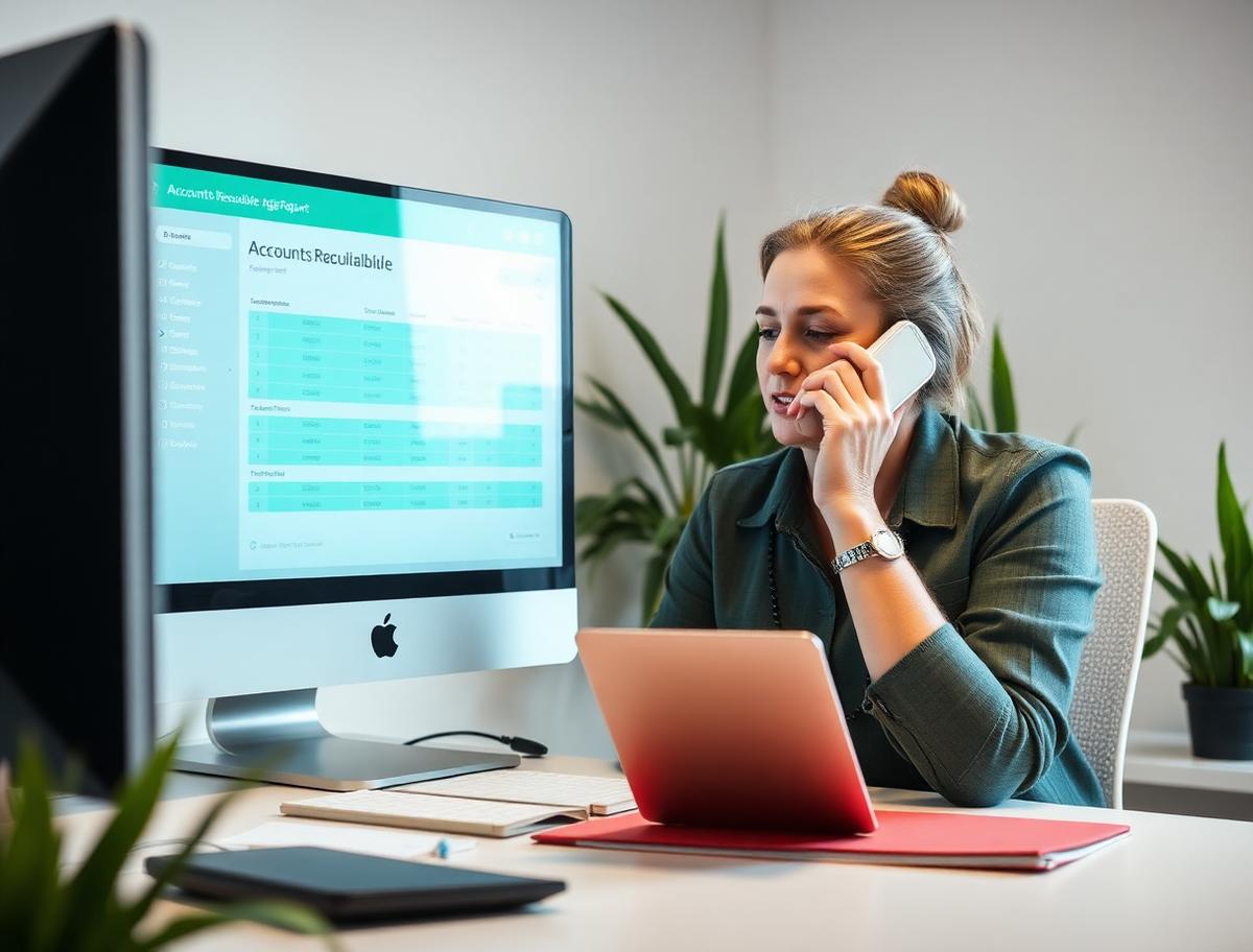 Bookkeeper on a call with an accounts receivable aging report on screen
