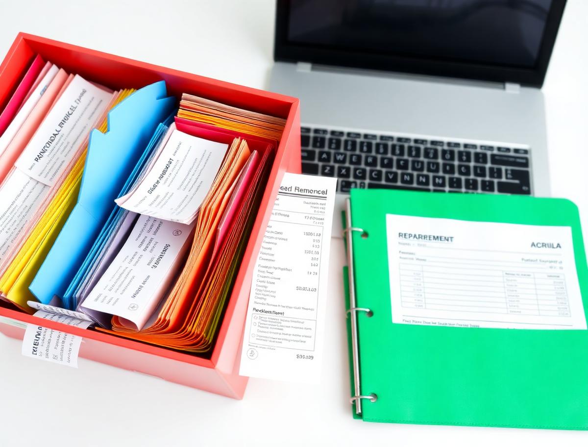 Organised expense receipts in colour-coded folders beside a laptop reimbursement form