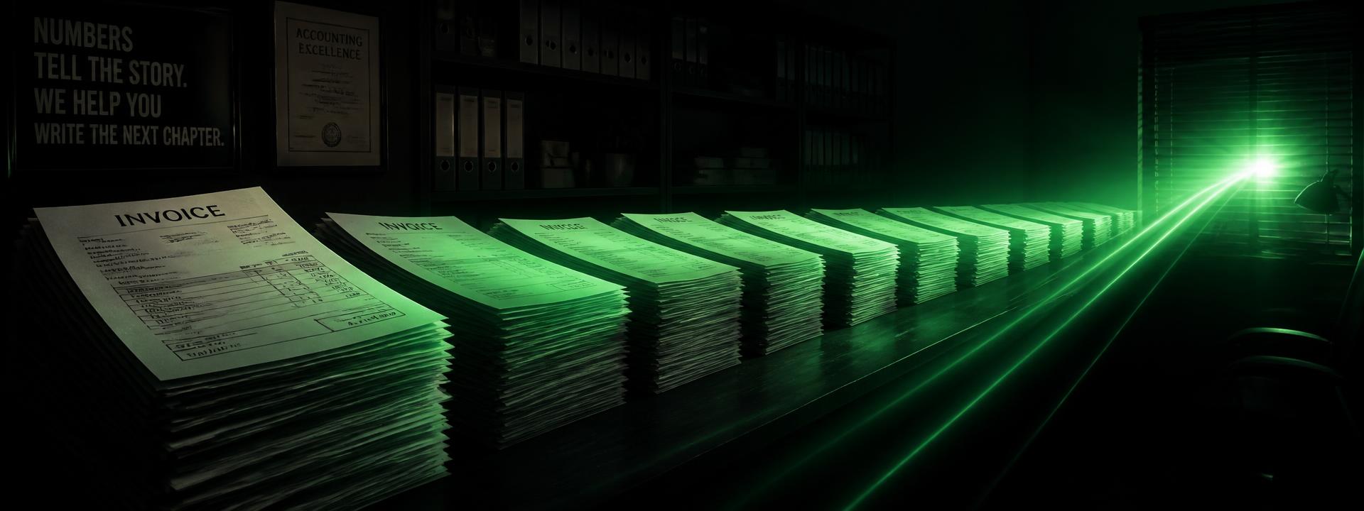 Long row of invoice stacks in a dark office swept by a green light beam