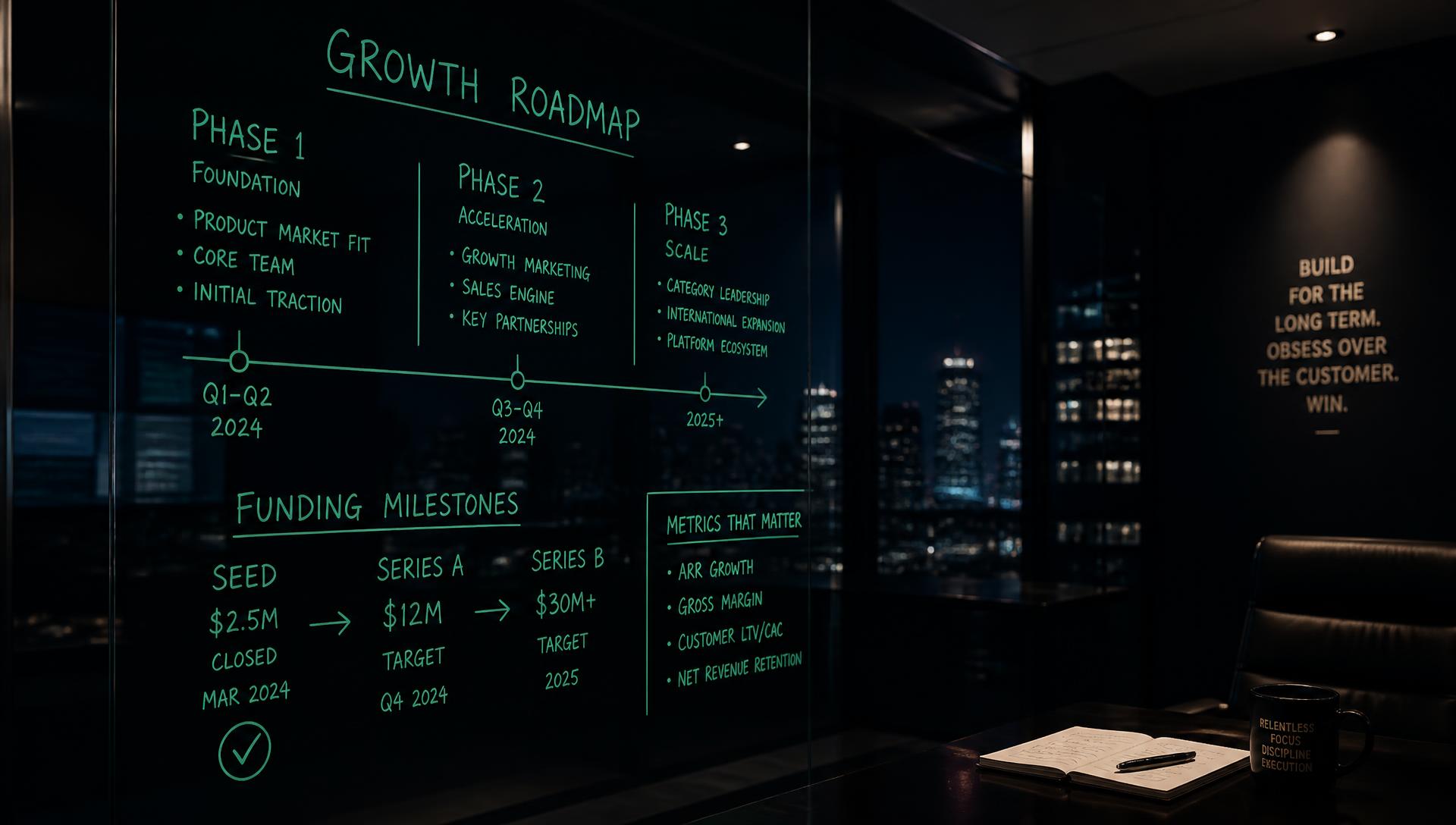 Dark strategy room with a growth roadmap and funding milestones written on a glass wall