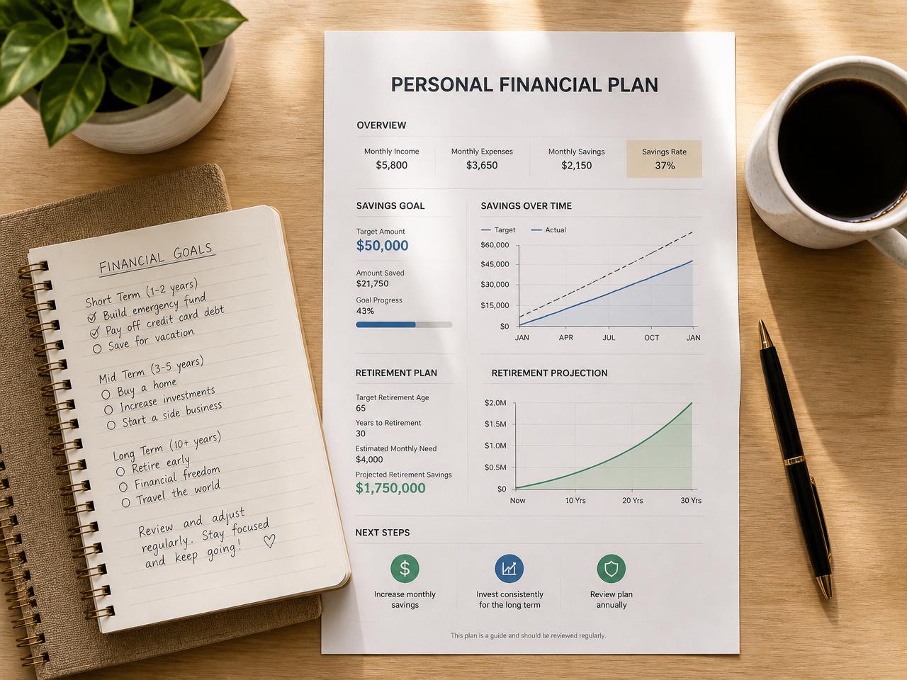 Personal financial plan document with savings and retirement charts beside a goals notebook