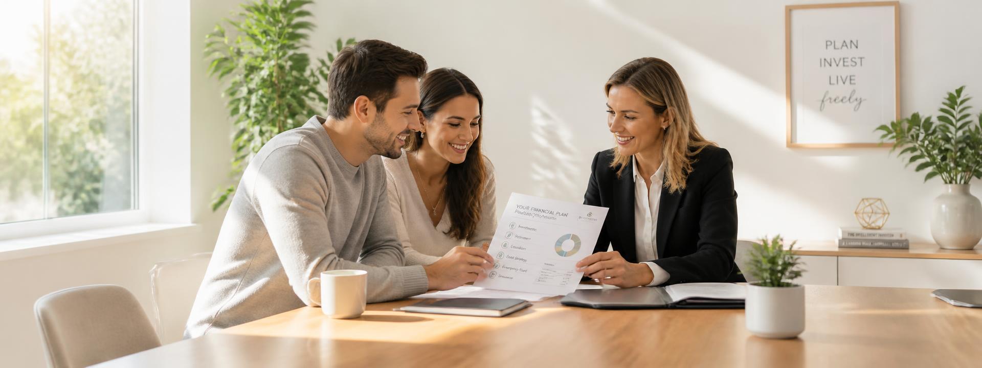 Advisor reviewing a finished financial plan with a couple at a sunlit table