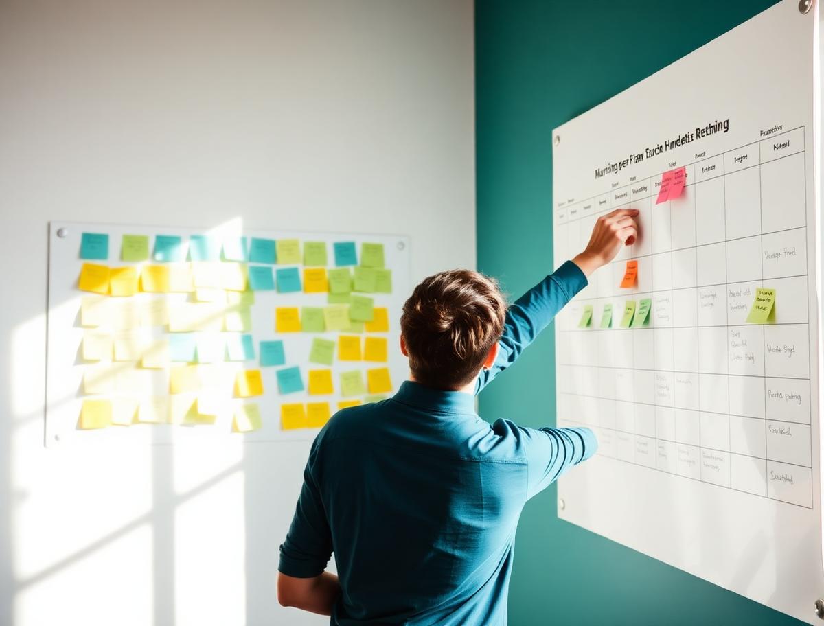 Founder mapping a fundraising plan with sticky notes and a runway chart on a bright wall