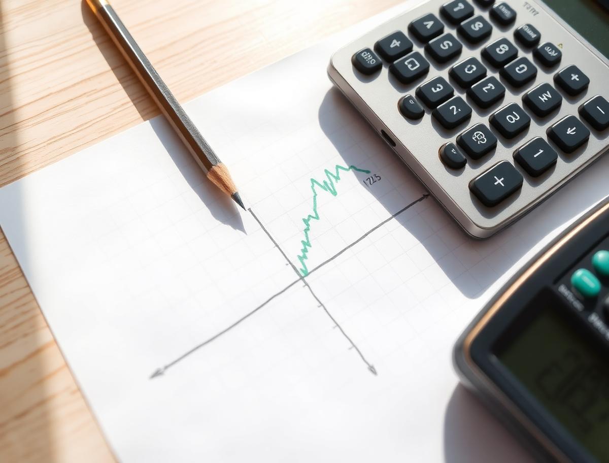 Break-even chart sketched on graph paper beside a pencil and calculator in sunlight