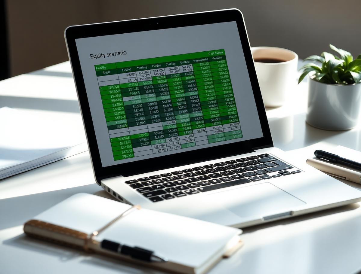Laptop showing a cap table and equity scenario spreadsheet on a bright desk