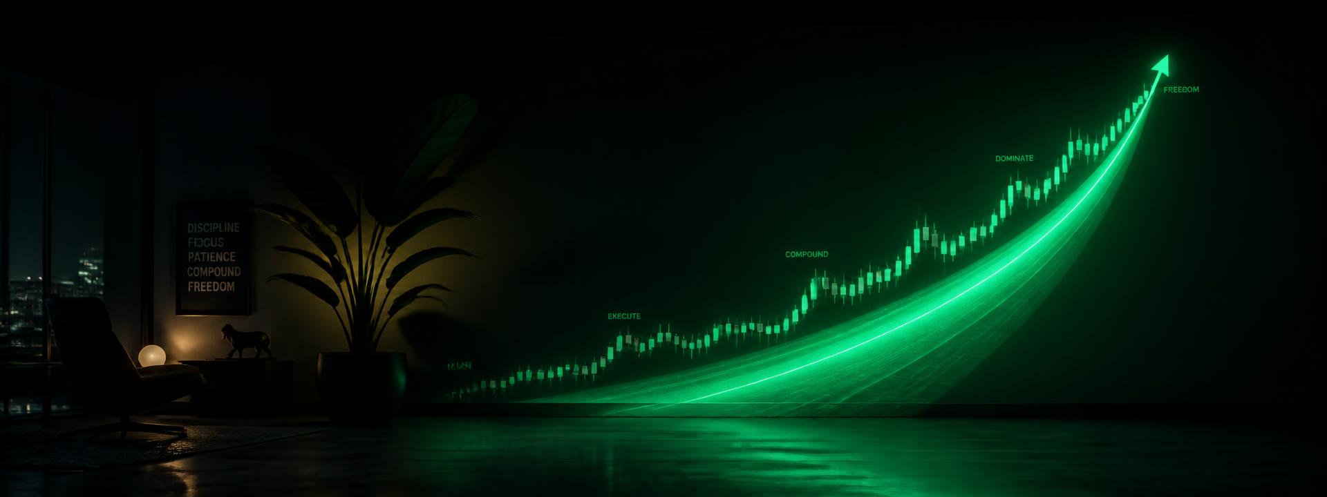 Glowing emerald green growth curve projected across a dark wall