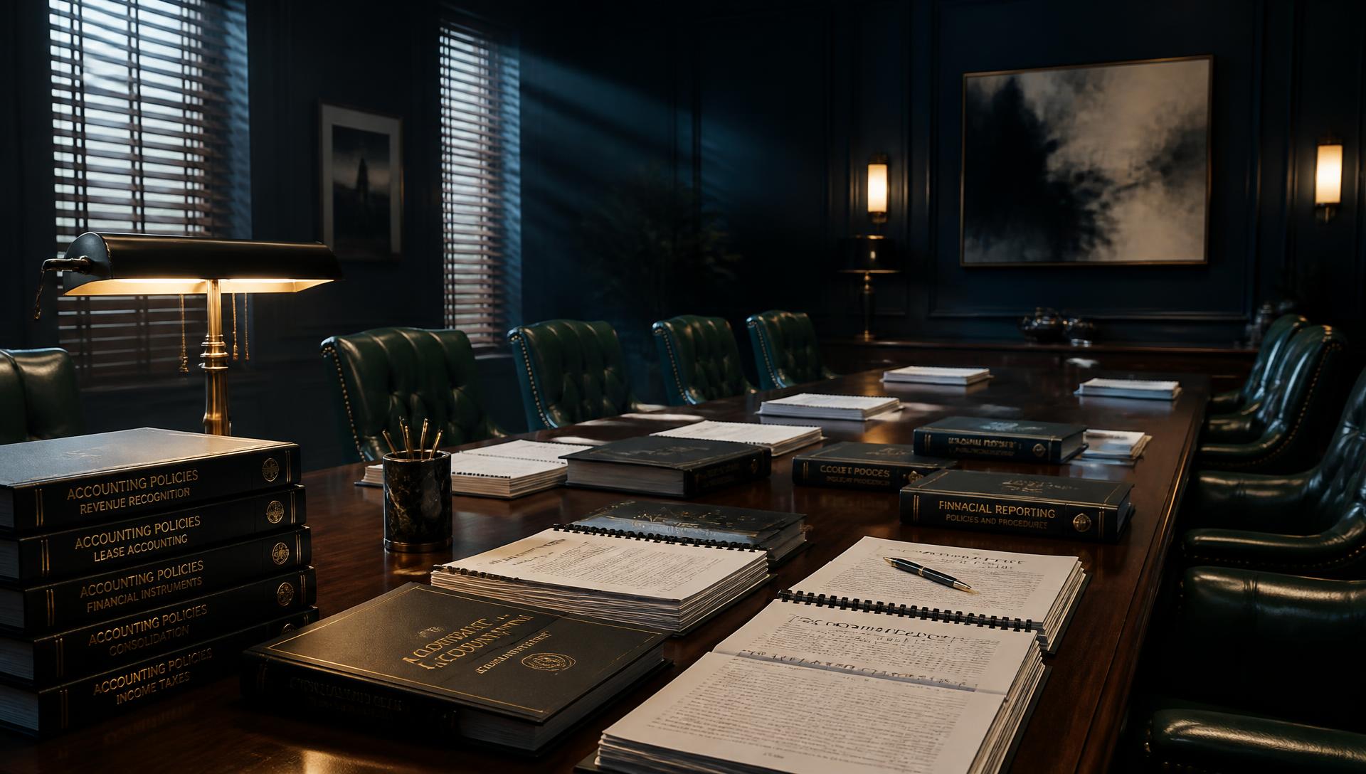 Dark navy boardroom with accounting policy binders stacked on a long table