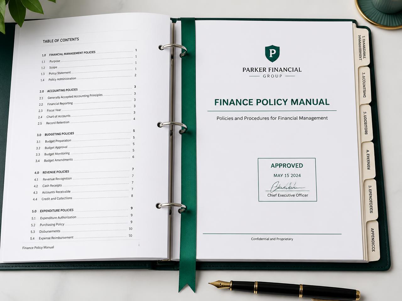 Open finance policy manual with tabbed dividers, approval stamp and fountain pen on a clean desk