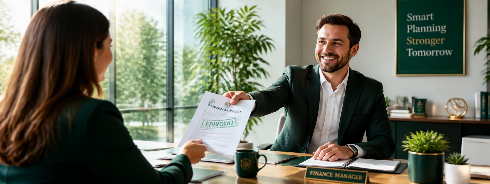 Finance manager handing an approved policy document to a colleague in a sunlit office