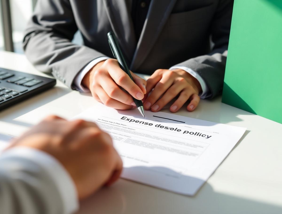Controller signing an approval on a printed expense policy document