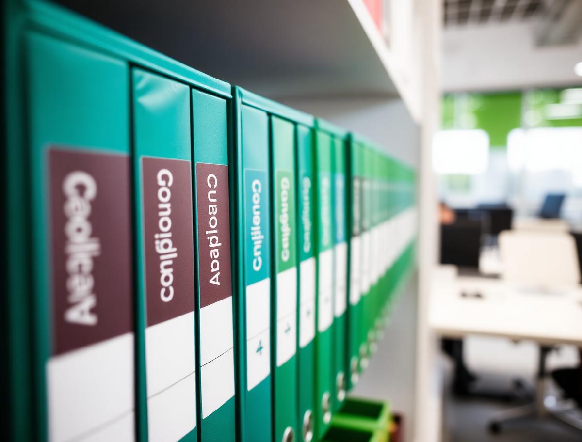 Row of colour-coded compliance binders on a shelf in a bright office