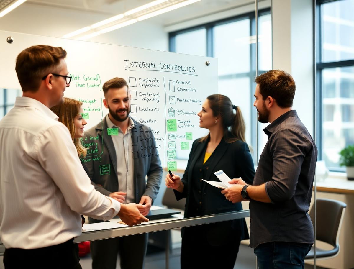 Small team walking through an internal controls checklist on a glass whiteboard