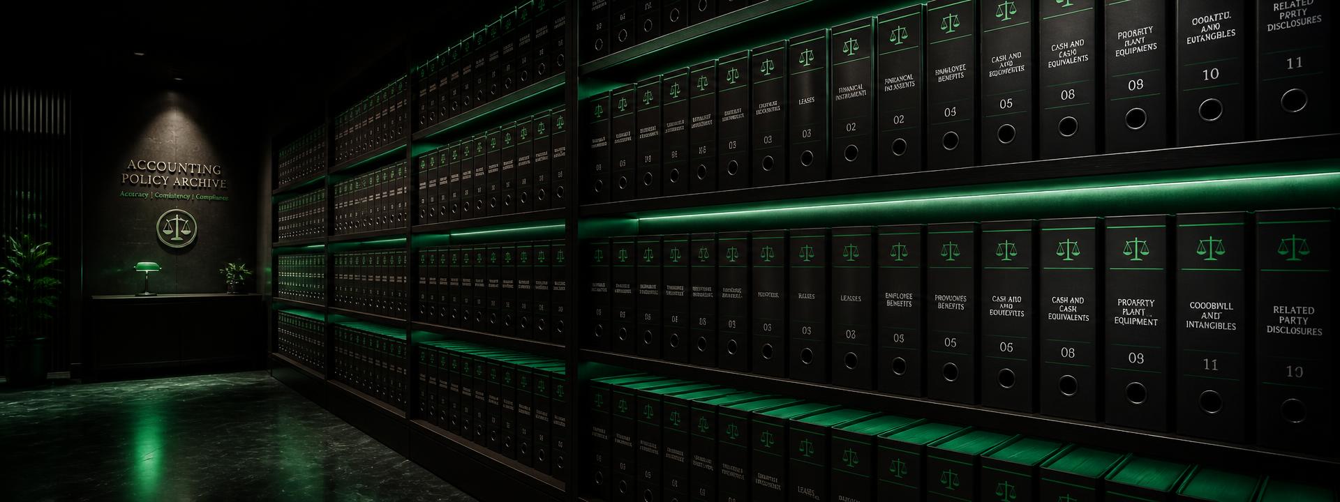 Archive wall of labelled accounting policy binders lit with green accent lighting